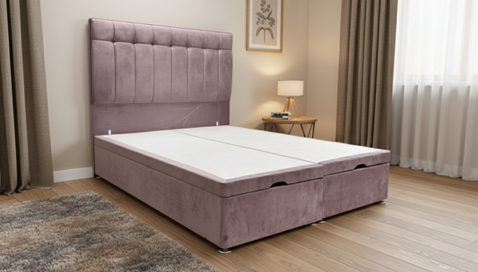 Sleep Story End-lift Ottoman Divan Base + Sleepeezee ‘Beam’ Floor Standing Headboard in Plush Light Pink Velvet - King