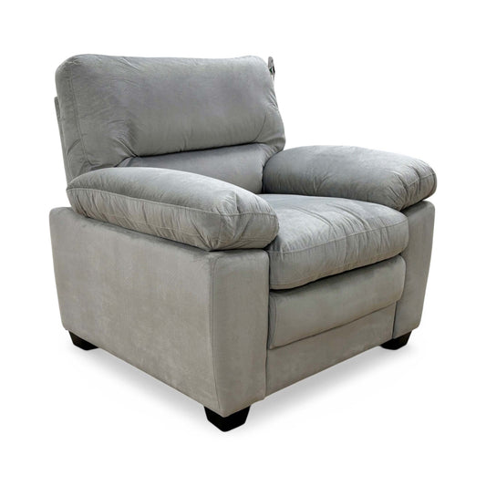 Full view of Thornbrook 'Jordan' armchair upholstered in soft light grey velvet with deep seating.