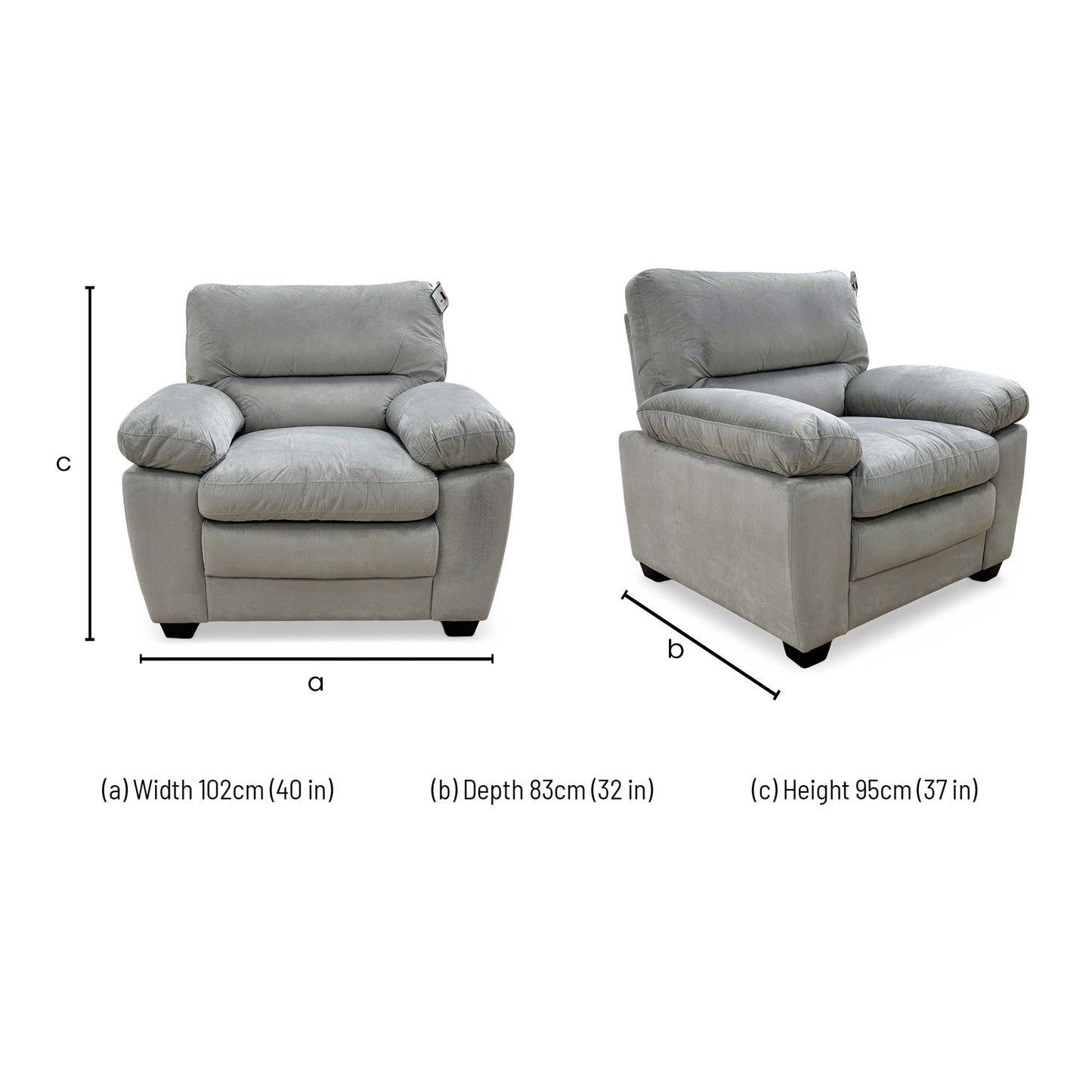 Dimension diagram for the Thornbrook Jordan light grey velvet armchair.