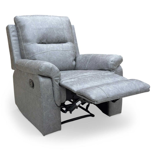 Full view of the 'Azzurri' manual recliner armchair in grey endurance fabric, showing its modern and plush design.