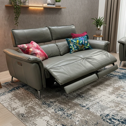 'Jude' Montana Elephant Cat-40/15 Leather 3 Seater Power Recliner Sofa with Telescopic Headrests