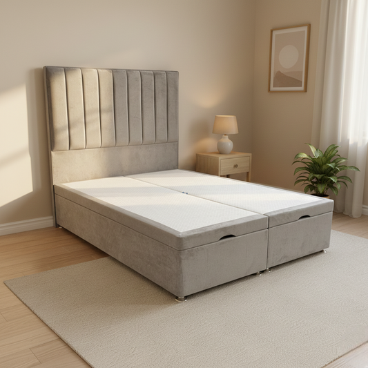 ‘Pluto’ Milan Nickel Floor Standing Headboard + Double Ottoman End Lift Base - Double