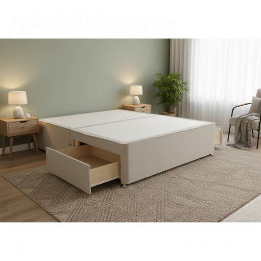 Living room of Digital rendering of the Sleepeezee Tweed Stone Divan Base with two drawers, suitable for a King size mattress.
