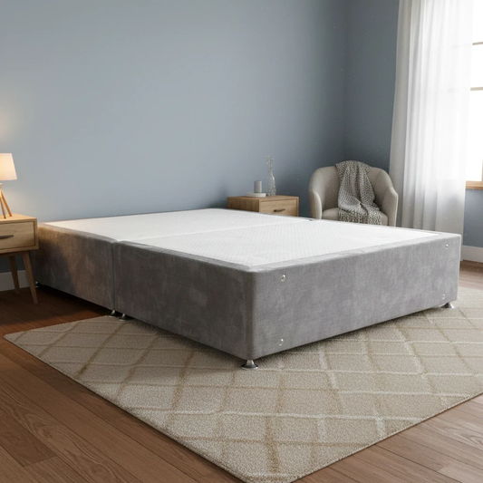 Living Room image of the Lace Dolphin Velvet Double bed base, featuring a contemporary low-profile design on wooden feet.