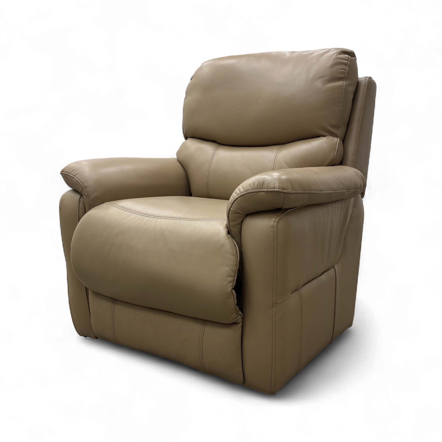 Angled view of the Taupe Leather Lift and Rise Chair in a domestic setting.