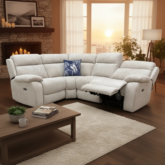 ‘Moreno’ Fab-Coe-R120 Light Khaki Grey Woven Fabric Small Left Hand Facing Power Recliner Corner Sofa