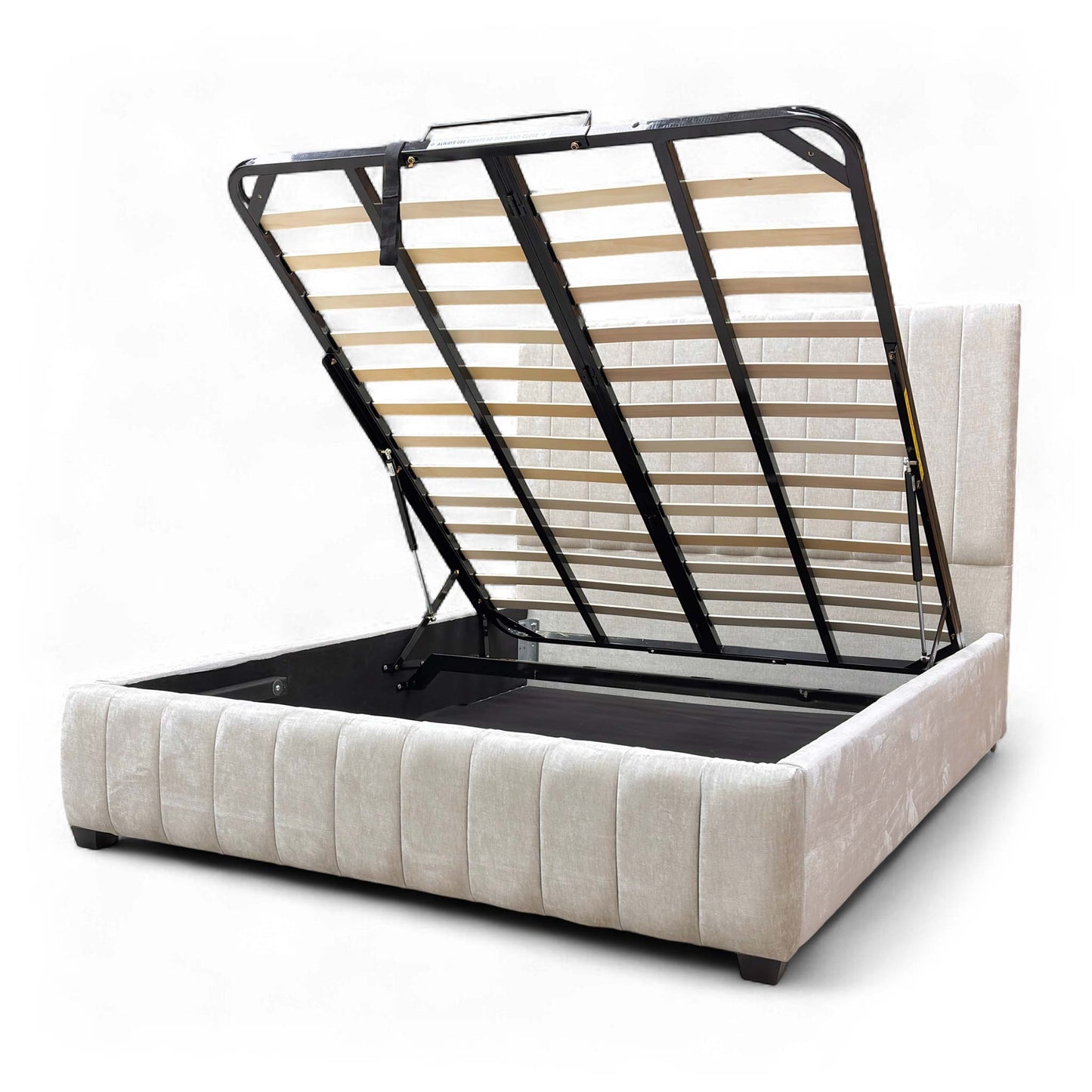 Side profile of the Miranda Ottoman Bed Frame, showing the depth of the base and the high-quality fabric upholstery.