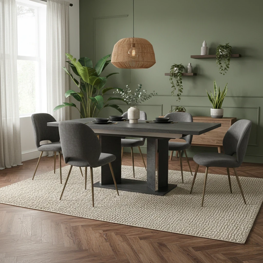 Living Room view of the Mia 180cm Extending Dining Table in Dark Grey High-Gloss finish