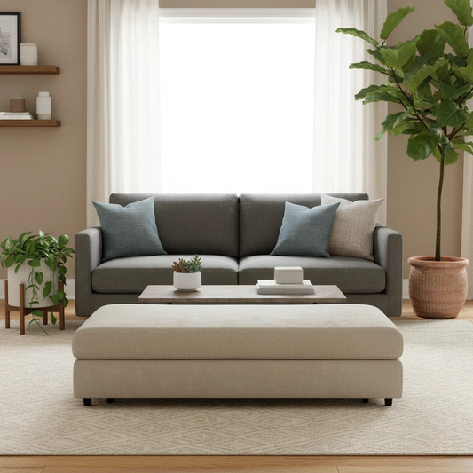 Lifestyle Image of The ‘Esprit’ Large Footstool fully converted into a comfortable and functional Double Sofa Bed.