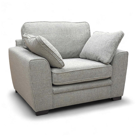 Full front-angled view of the Sofology Chalfont Armchair in Sort Silver/Platinum fabric