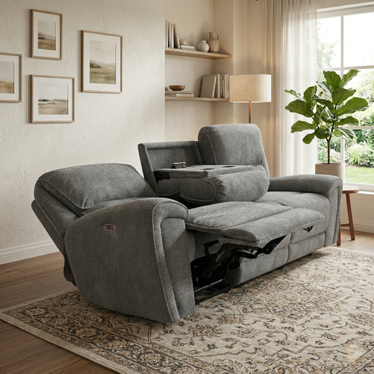 Living room view setting of the Ricky charcoal grey teddy velvet power recliner in a modern living room.