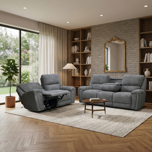 Living room setting showcasing the Ricky charcoal grey teddy velvet sofa suite in a modern interior.