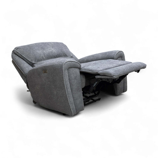 Full view of Front view of the Ricky power recliner armchair in charcoal grey teddy velvet fabric.