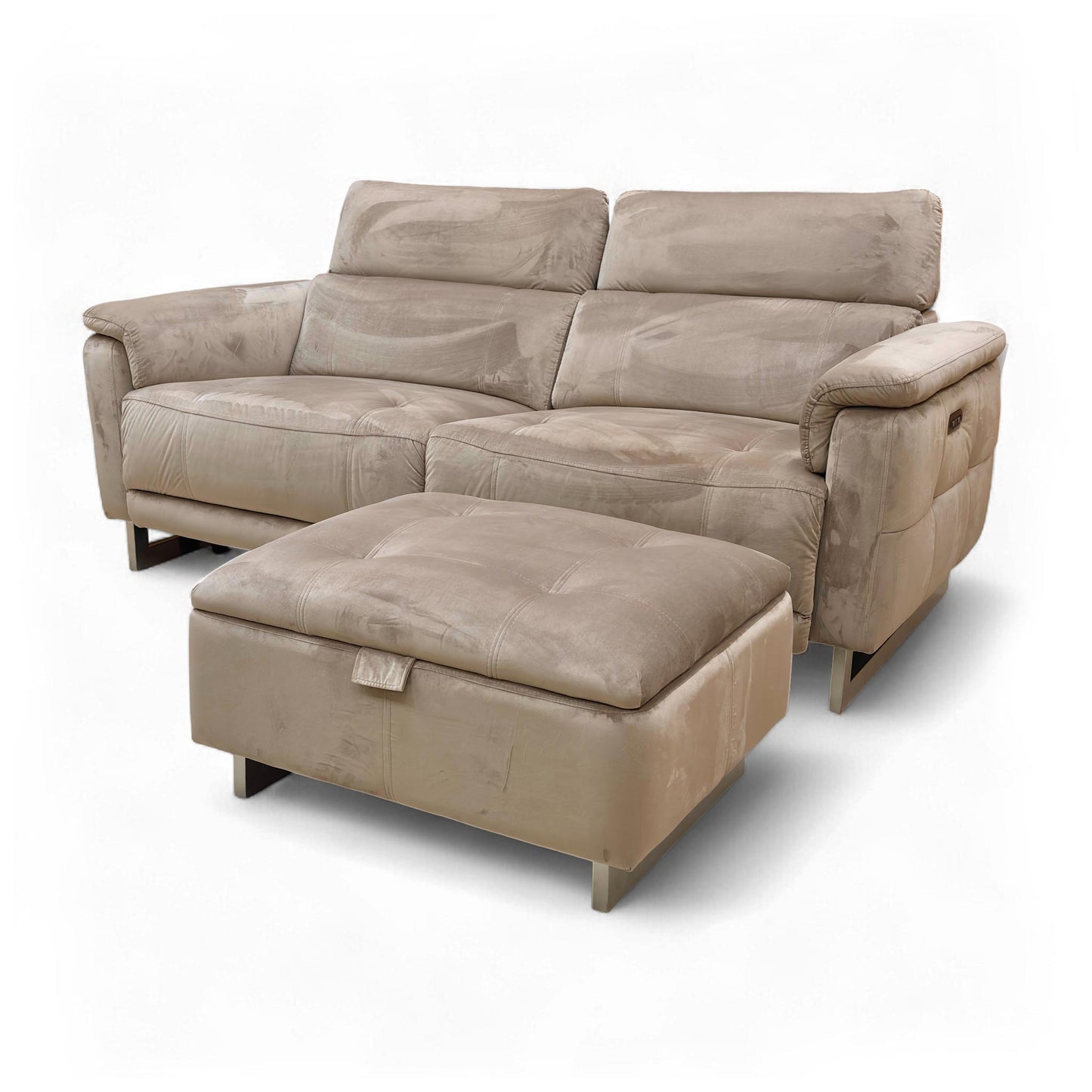 Elevated view of the 'Moet' Cedar Velvet Power Recliner Sofa and storage footstool, showing the set layout.