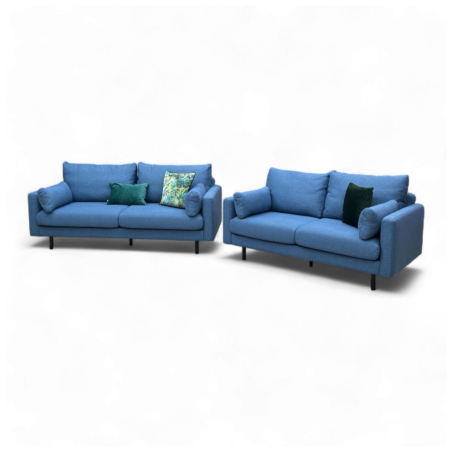 Front view of the matching ‘Wren’ 2-Seater Sofa in navy blue fabric, part of the 3+2 set.