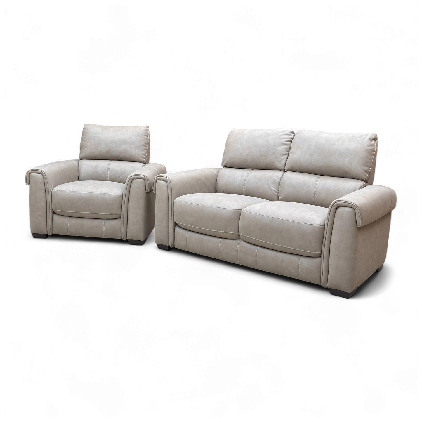View of the Nixon 2 Seater Sofa and Chair, emphasizing the generous seating and the contemporary, comfortable design.