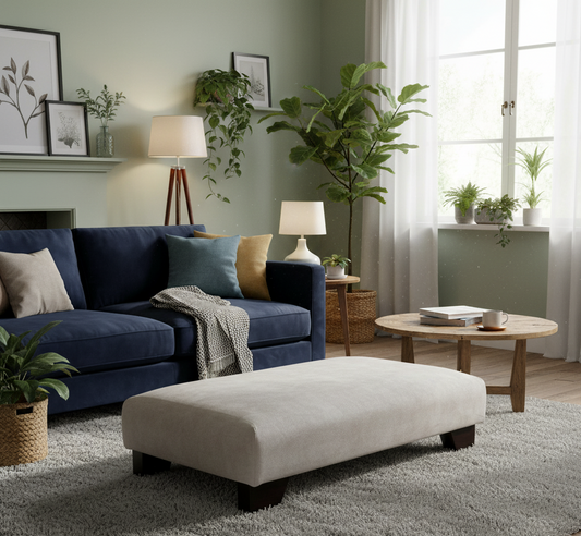 Living room with a blue sofa, beige ottoman, and various plants.