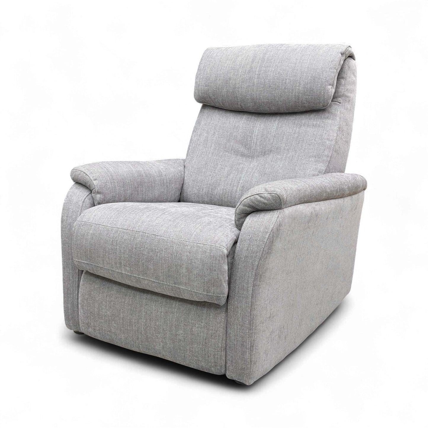 Angled view of the Mid Grey Swivel Rocker Recliner, highlighting the chair's rounded shape and substantial size.