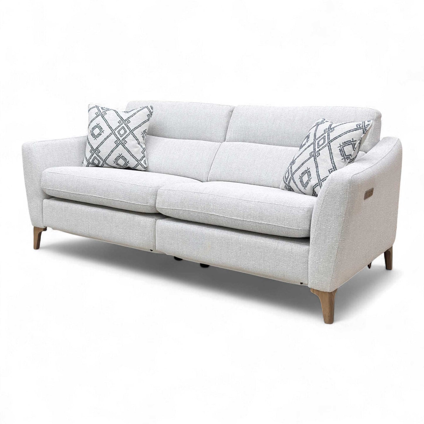 Side-angle view of the Moderna Power Recliner Sofa with its full depth and cushioned armrest visible.