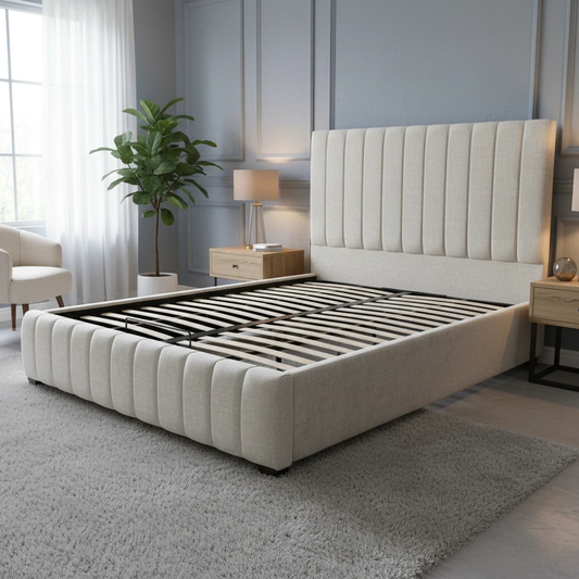 Living Room view of the King size 'Miranda' Ottoman Bed in a bedroom setting, highlighting its modern, luxurious aesthetic.