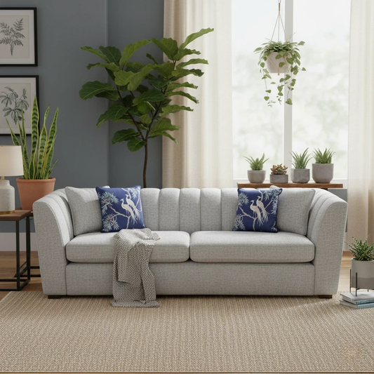 Living Room with the 'Downtown' Silver 4 Seater Sofa, showcasing its modern design and sloped arms.