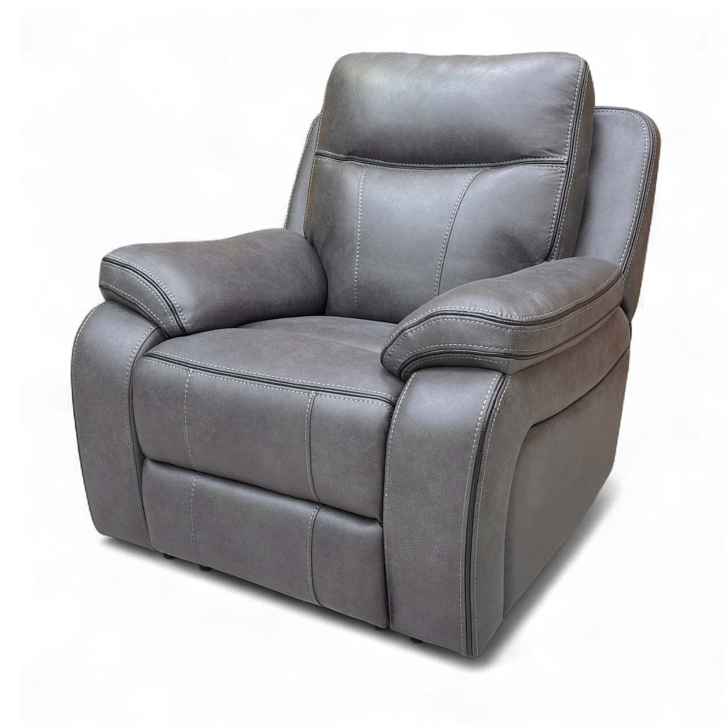Angled view of the Graphite Grey 'Vinson' Power Recliner Chair, emphasizing the generous pad arm style.