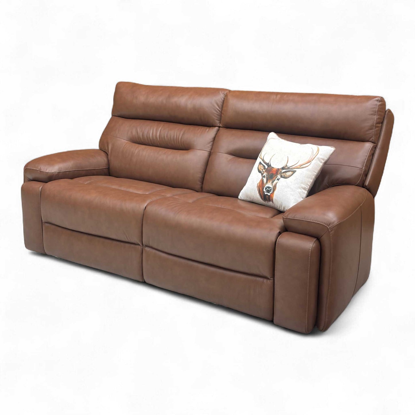 Angled view of the Roast Brown Leather Sofa, emphasizing its modern, comfortable design for movie nights.