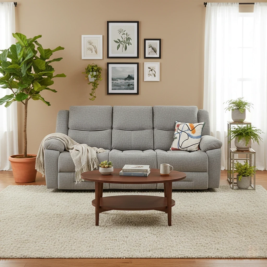 Living Room of the Weston 3 Seater Sofa highlighting its key features: Light Grey Fabric, Manual Recliner, and central Drop-Down Cup Holders.