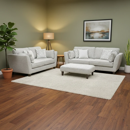 Living Room of the Tabitha Sofa Set, highlighting the elegant curved arms and walnut-finished wood feet.