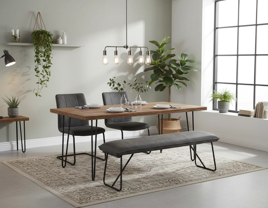 Living room Digital rendering of the Ruben Dining Bench with comfortable sprung foam cushion and modern metal ski legs.