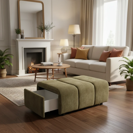 Living room of Digital rendering of the Waldorf Olive Green Storage Footstool showcasing its rectangular shape.