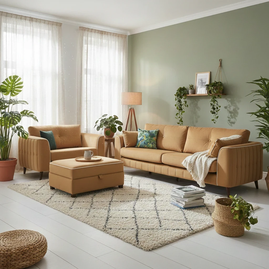 Living room of Digital rendering of the Remy Sofa Set (Grande Sofa, Loveseat, Footstool), highlighting the Super Matt Velvet material.