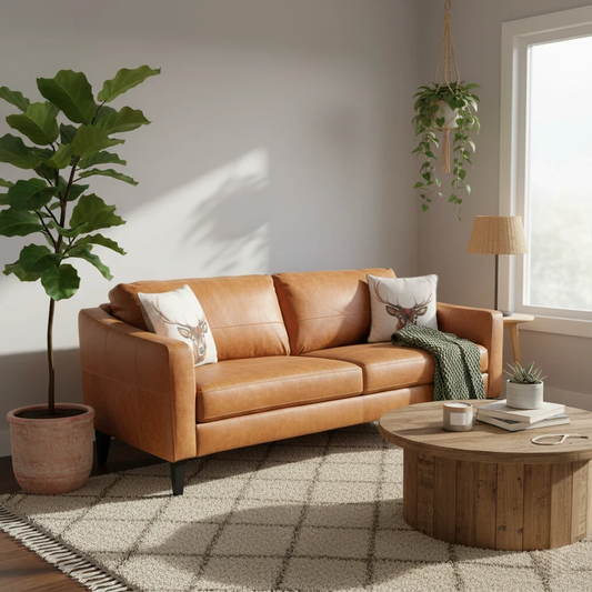 Living room of Digital rendering of the Oslo Distressed Leather Sofa, highlighting its sloped arm design.