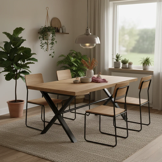 Living Room of the Saturn Dining Table, showcasing the solid oak top and black metal base.