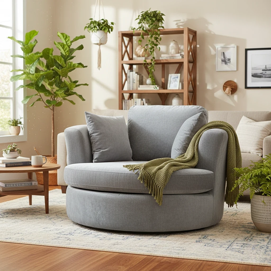 Living Room of the Freya Swivel Chair, highlighting the circular design and deep seating.