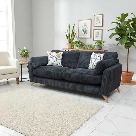 Living room of Digital rendering of the Benji Black 4 Seater Sofa showcasing the jumbo cord fabric.