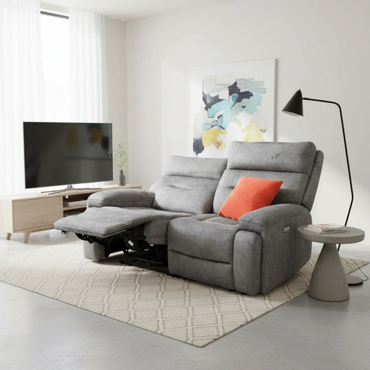 Living Room View of the Cinemax recliner sofa with the power footrests and headrests extended for ultimate comfort.