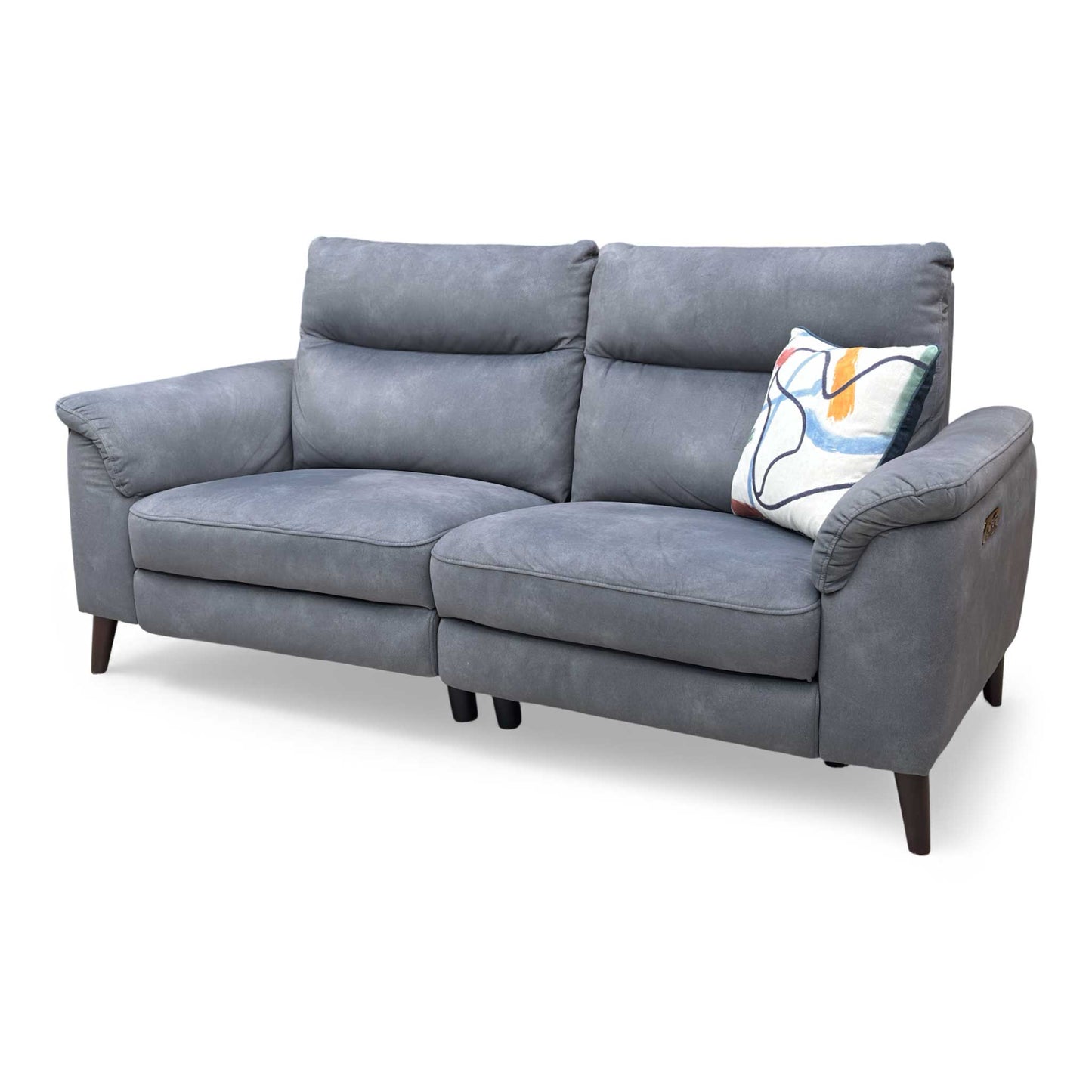 View of the sofa from the side, emphasizing its depth and mid-century profile.