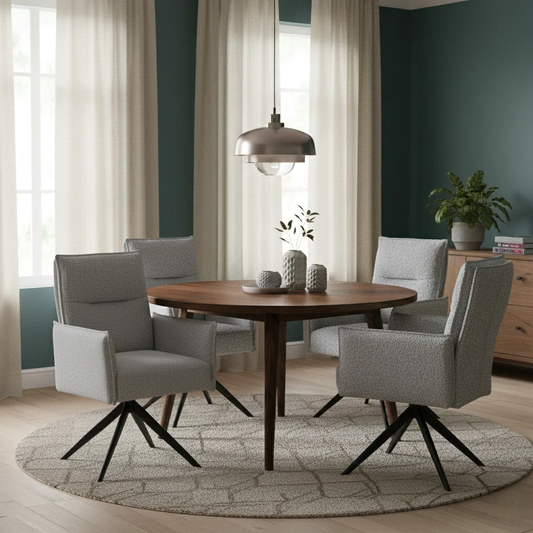 living room of Digital rendering of the ‘Sarah’ Swivel Dining Chair, illustrating the shape and textured chenille fabric.