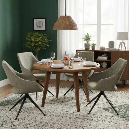 living room of Digital rendering of the ‘Charlotte’ Swivel Dining Chair, illustrating the full shape and upholstery texture.