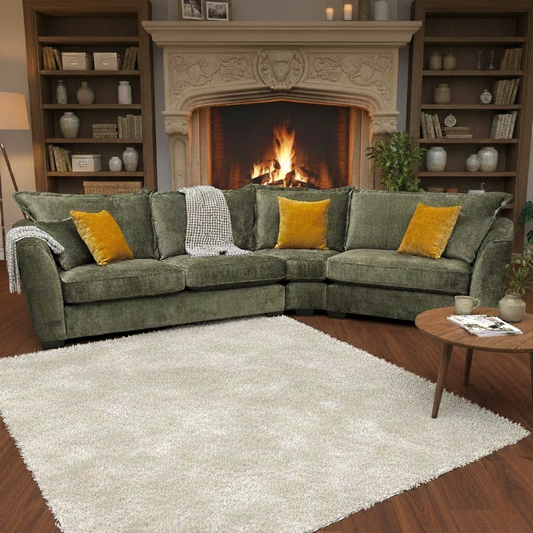 Living Room of the 'Chelmsford' Dark Green Chenille Fabric Corner Sofa.