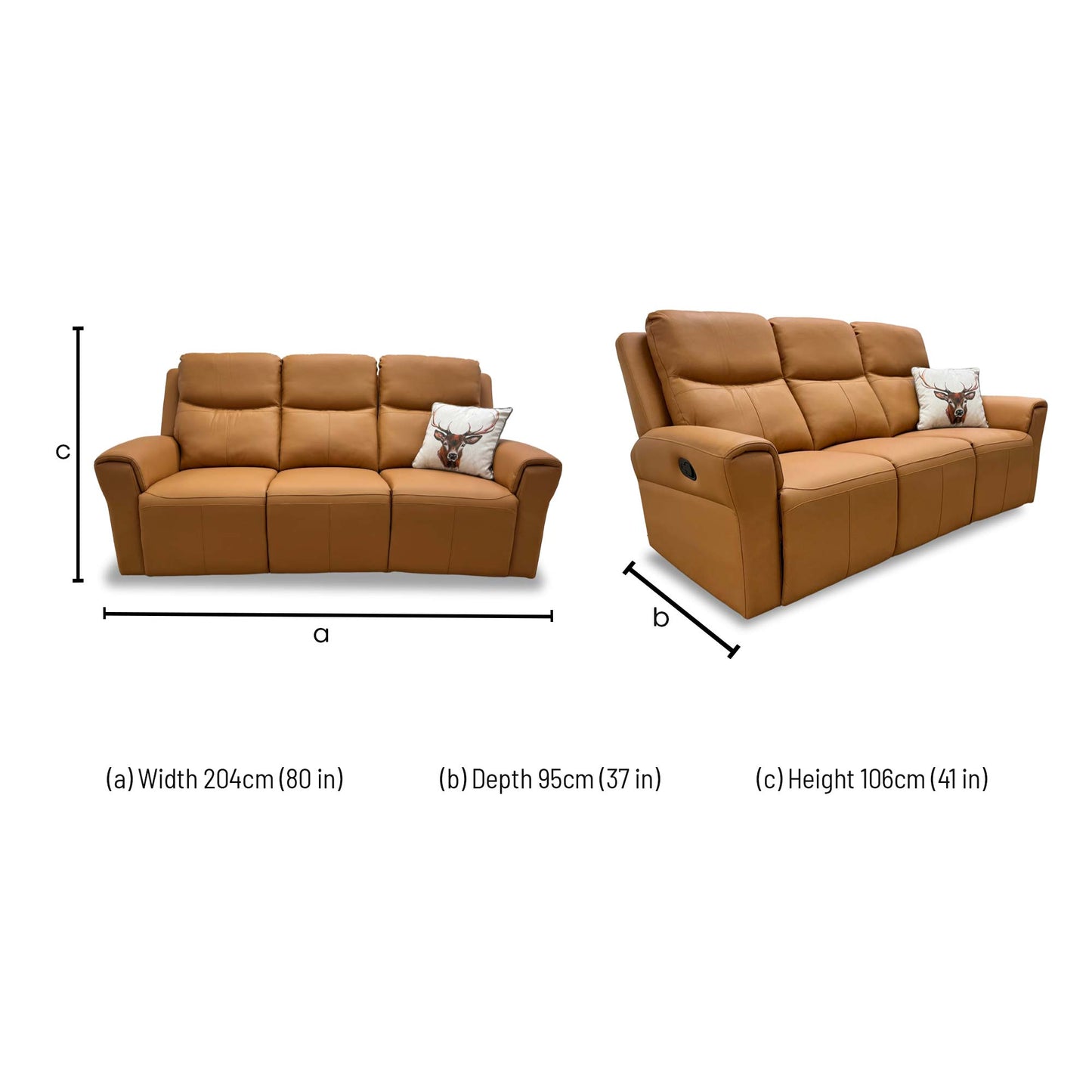 Dimensions for the 'Irene' Tan Leather 3 Seater Manual Recliner Sofa