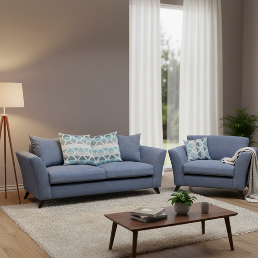 Living Room of the 'Jupiter' Ocean Blue Woven Fabric set.