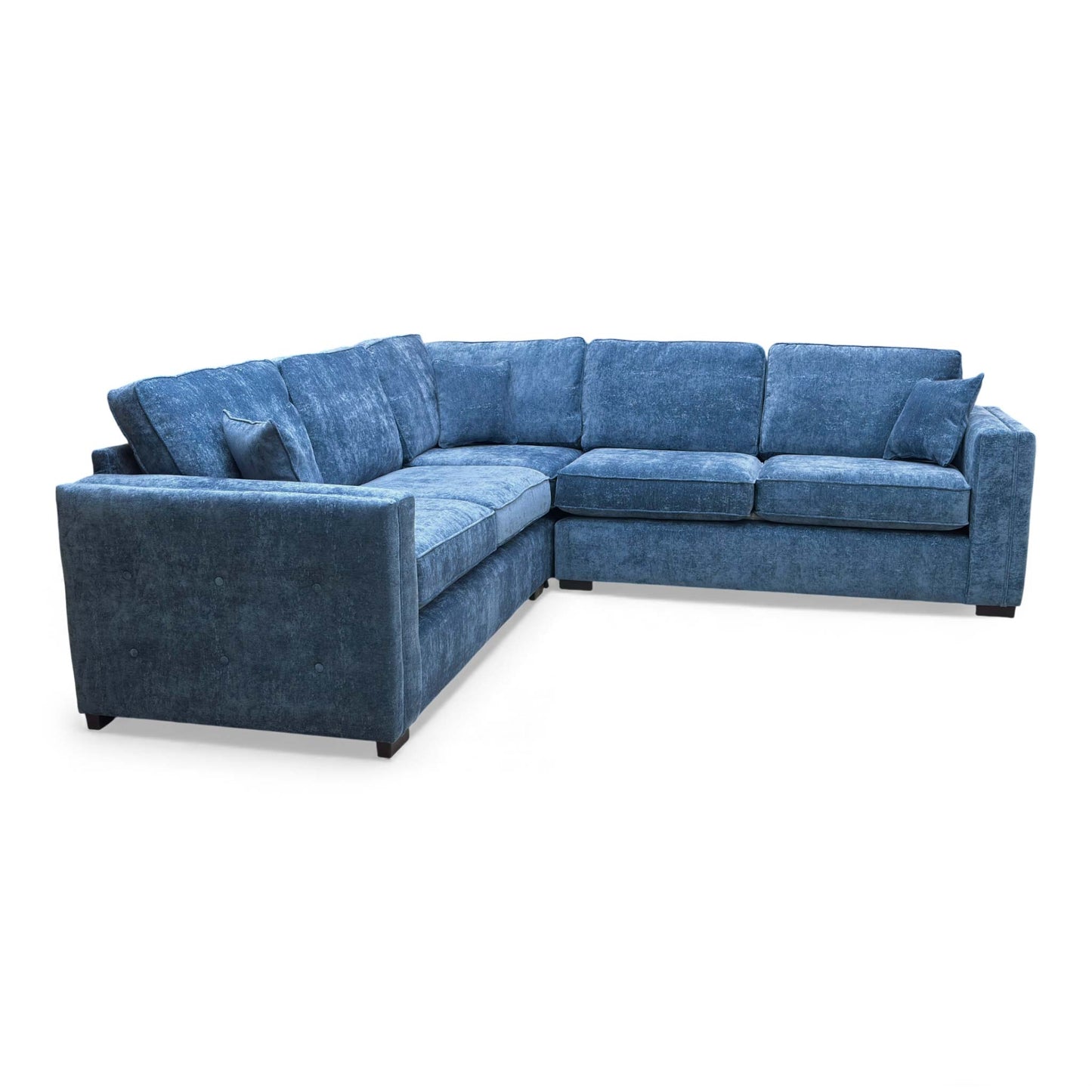 Angled view of the 'Stella' Marine Blue Chenille 2 Corner 2 Sofa.