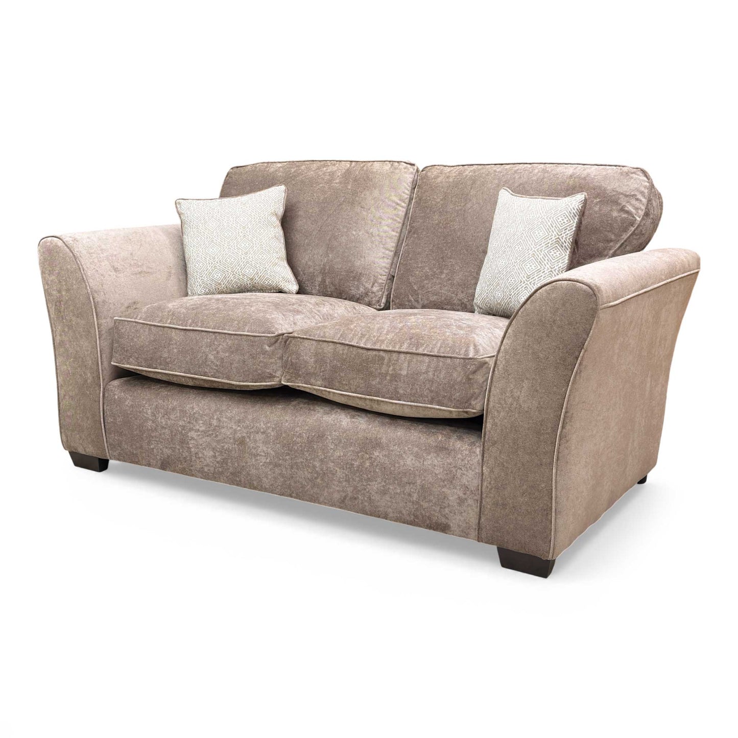 Side view of the ‘Rosie’ 2 Seater Sofa, highlighting the sloped arm design and wooden frame.