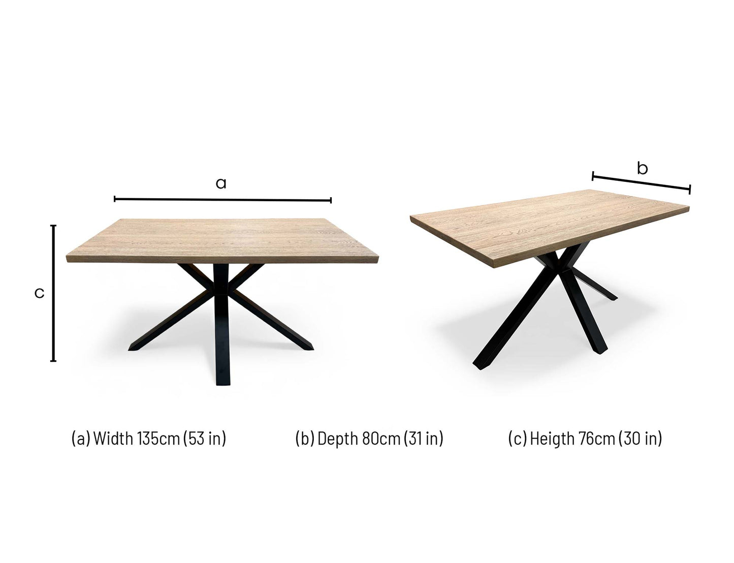 'Saturn' Solid Oak Compact 135cm Fixed Dining Table, dimensions diagram showing width, depth and height measurements