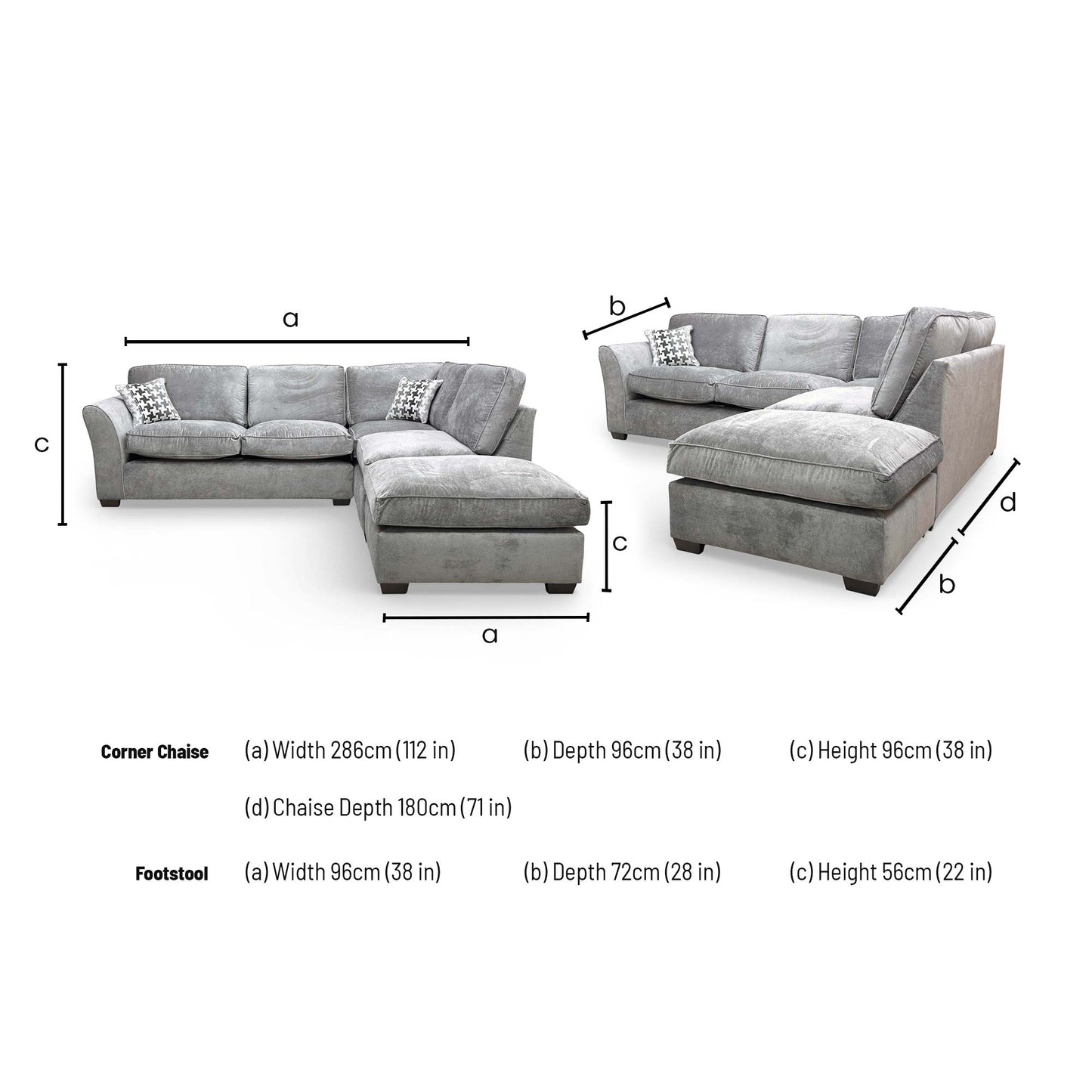Dimensions for the Thornbrook ‘Rosie’ Kingston Grey Fabric Right Hand Facing Open End Chaise Corner Sofa.