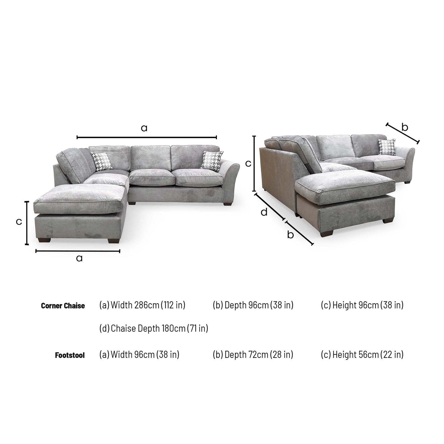 Dimensions for the Thornbrook ‘Rosie’ Kingston Grey Fabric Left Hand Facing Open End Chaise Corner Sofa.