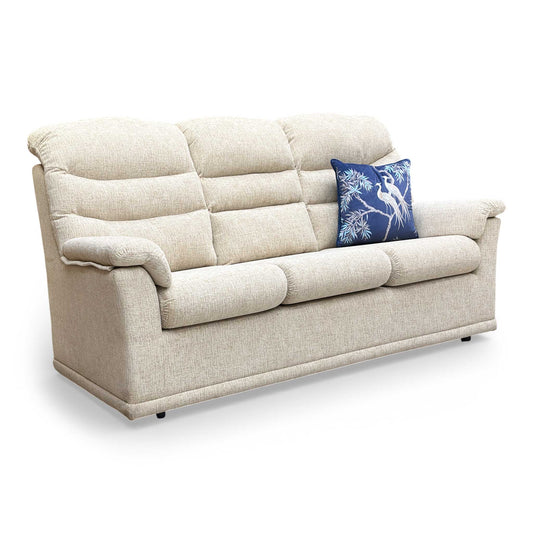 Front view of the G Plan Malvern 3-seater sofa upholstered in Rush Sand fabric.
