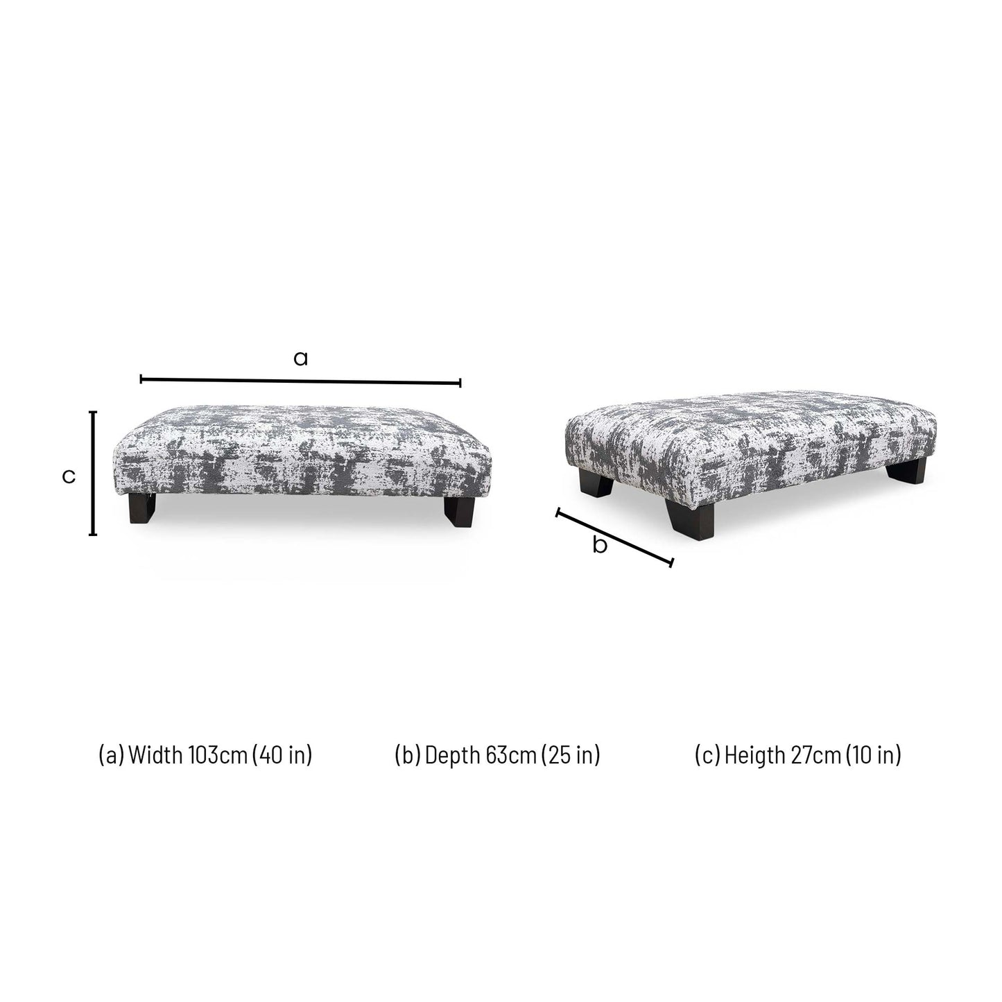 Dimensions for the ‘Aura’ Kai Grey Chenille Fabric Designer Footstool.